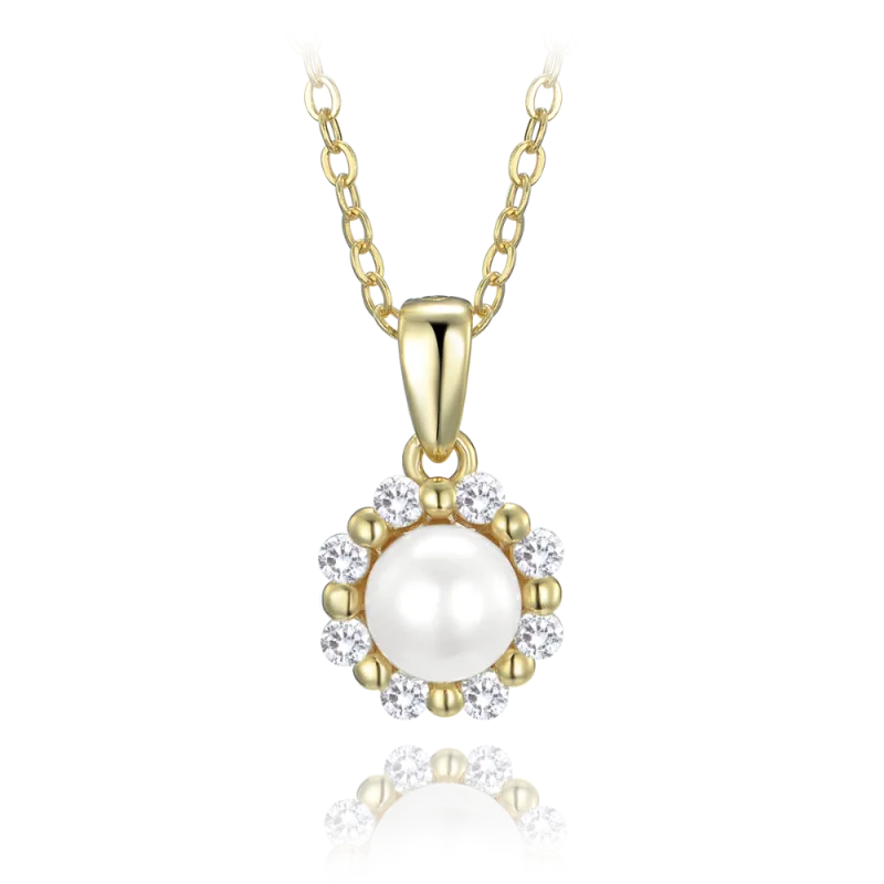 MINET Pozlacený stříbrný náhrdelník s bílou perlou a zirkony JMAS7054GN45