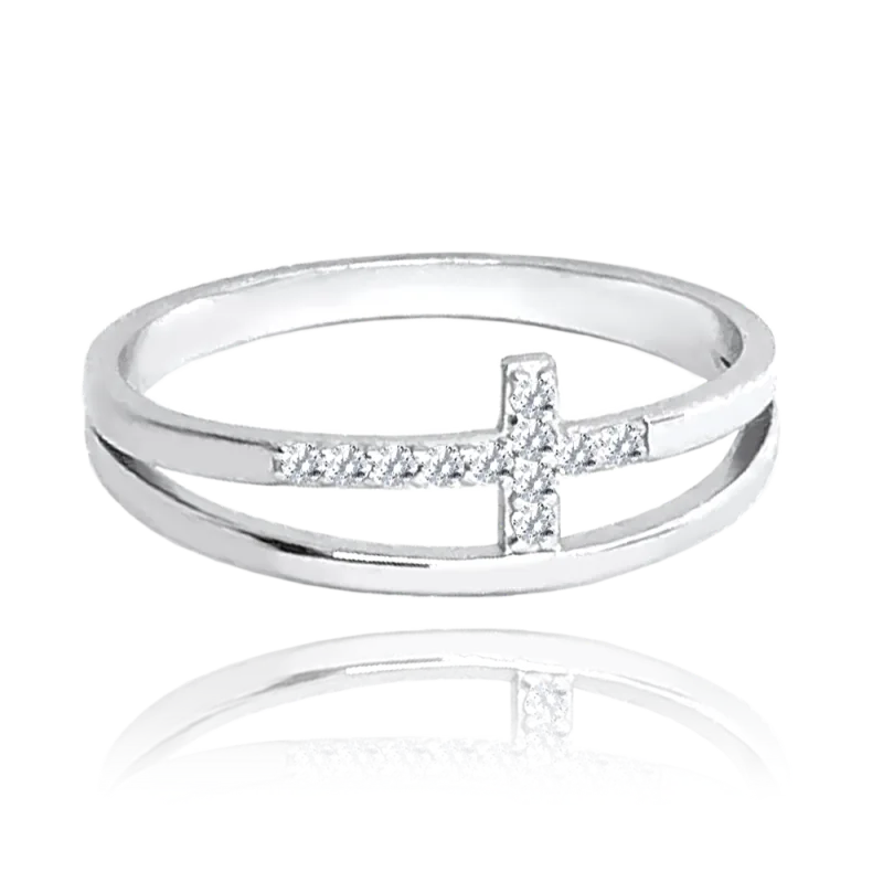 MINET Dvojitý stříbrný prsten KŘÍŽEK s bílými zirkony vel. 52