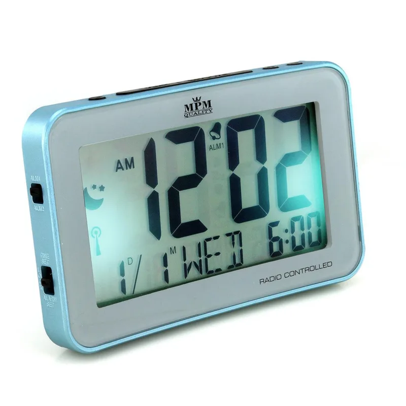 MPM Světle modrý digitální rádiem řízený budík MPM C02.3113