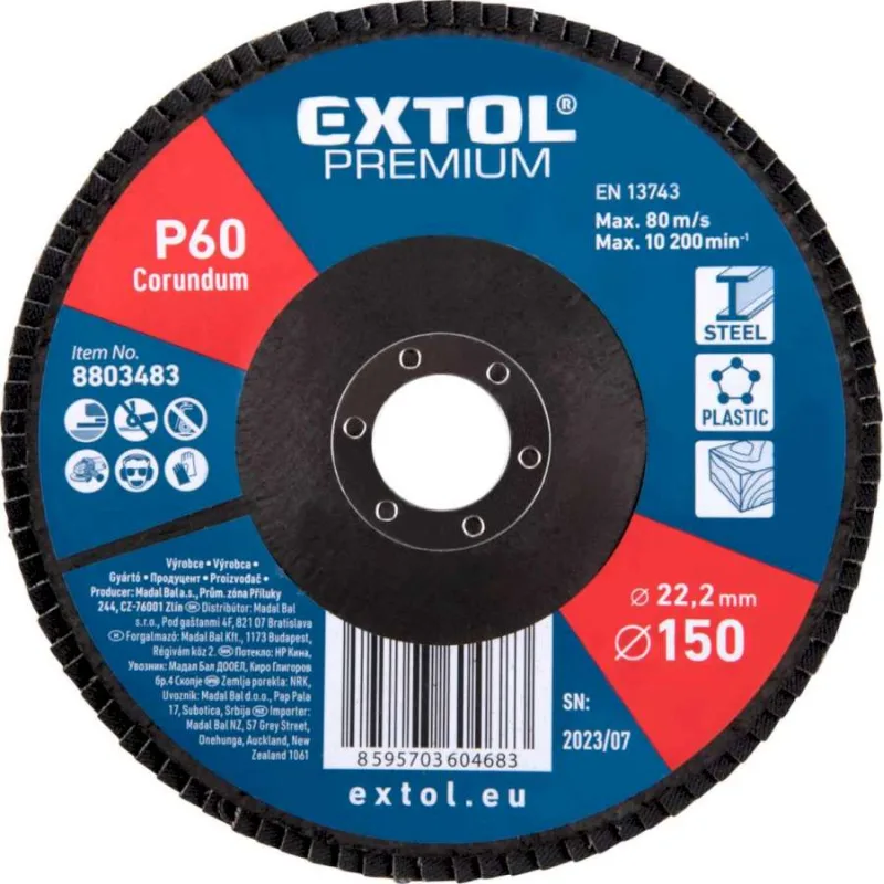 Kotúč lamelový šikmý korundový, P60, 150mm, diera 22,2mm, EXTOL PREMIUM