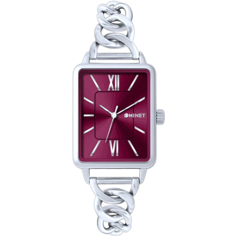 MINET Stříbrno-vínové dámské hodinky SIENA se stříbrným ocelovým řemínkem MWL5402