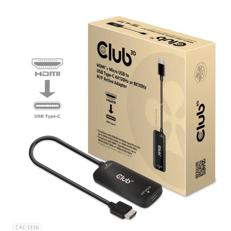 Club3D Adaptér HDMI + Micro USB na USB-C 4K120Hz/8K30Hz, Active Adapter…