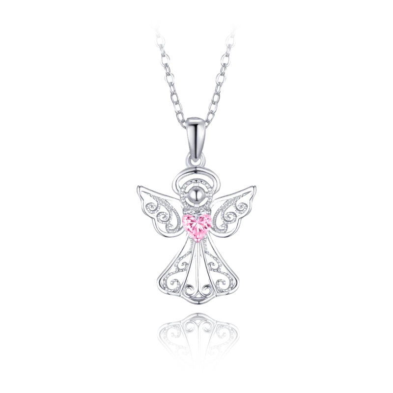 MINET Stříbrný náhrdelník anděl s růžovým zirkonem JMAN0599PN45
