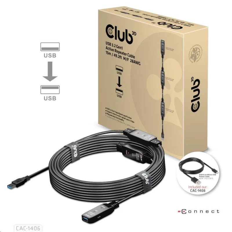 Kábel USB Club3D 3.2 Kábel aktívneho opakovača Gen1 M/ F 28AWG, 15 m CAC…