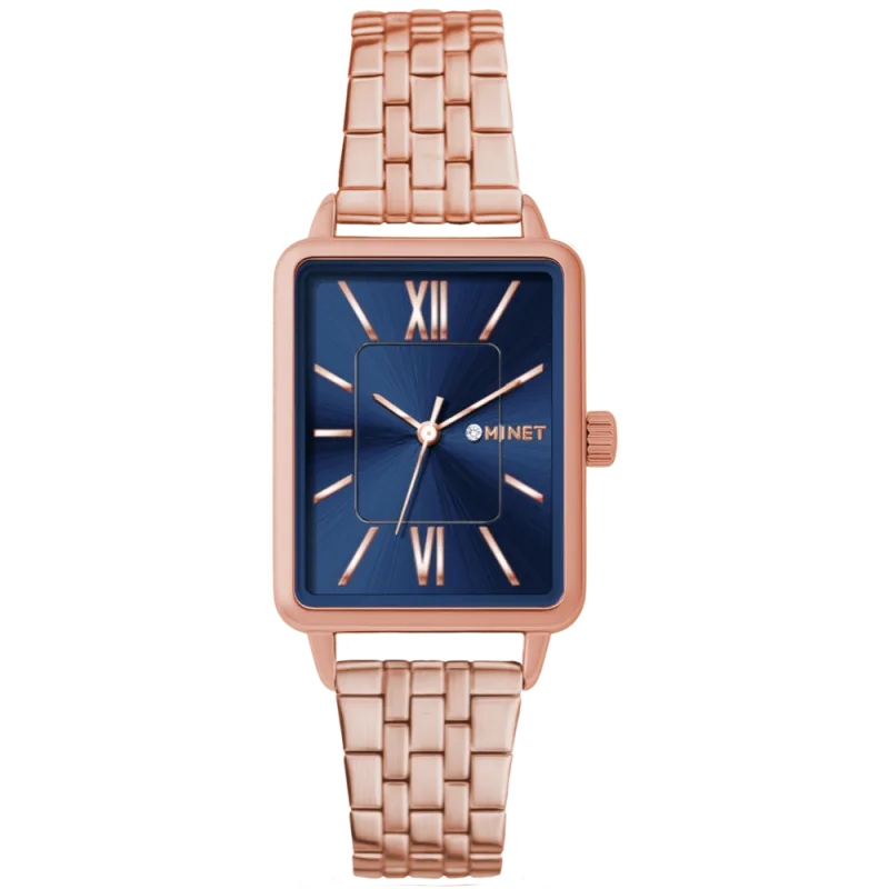 MINET Rosegold-modré dámské hodinky SIENA se rosegold ocelovým řemínkem