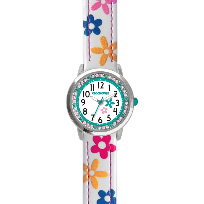 CLOCKODILE Bílé náramkové dívčí dětské hodinky s kamínky a kytičkami CWG5202