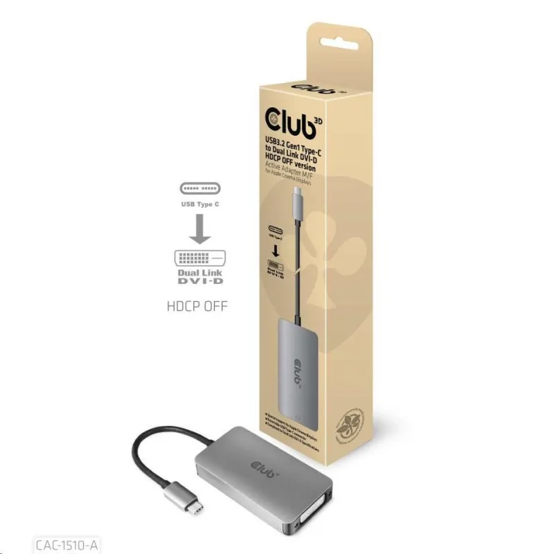 Aktívny USB adaptér Club3D 3.2 Dvojlinkové prepojenie DVI-D typu C 4K30Hz…