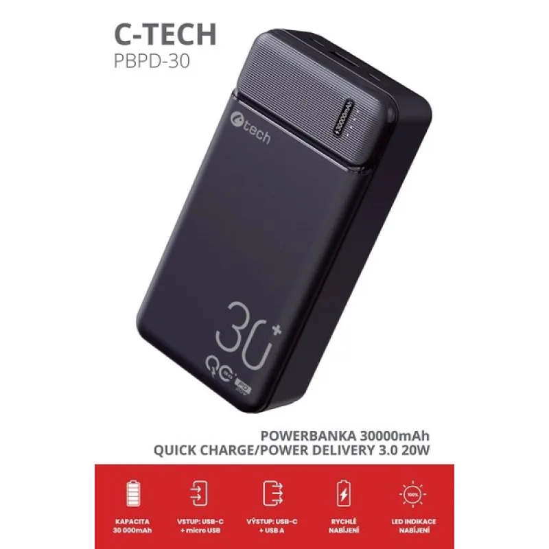 C-TECH Powerbanka 30000mAh, Li-Pol, 20W, USB-C/ USB-A/ micro USB PBPD…