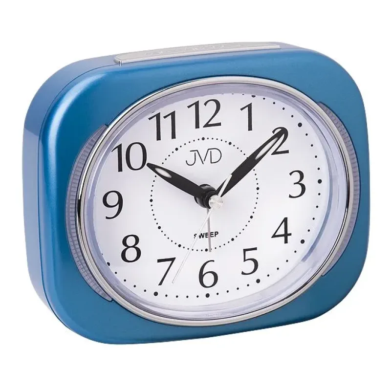 Netikající tichý modrý hrantaý svítící ručkový budík sweep JVD SRP826.5