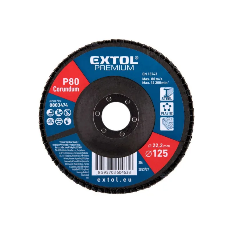 Kotúč lamelový šikmý korundový, P80, 125mm, diera 22,2mm, EXTOL PREMIUM