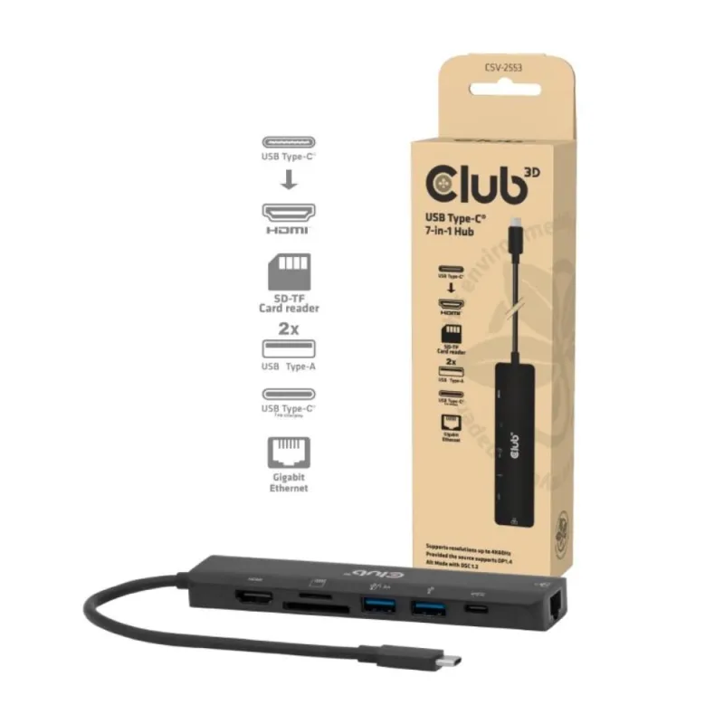 Club3D Dokovací stanice USB-C 7v1, 1xHDMI, 1xUSB-C PD, 2xUSB, 1xRJ45,…