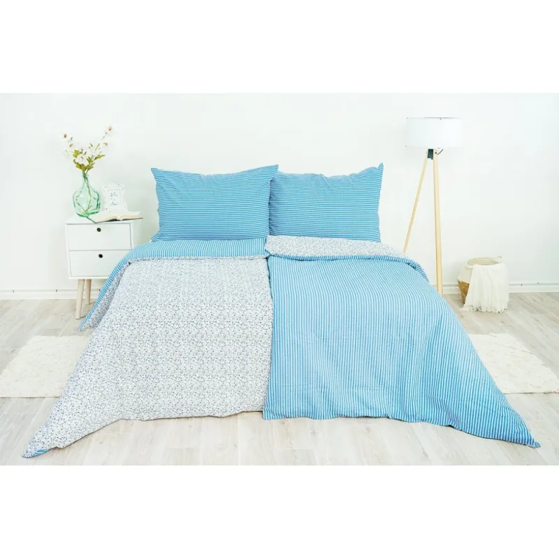 Obliečky 100% bavlna Kvietok pruh modrý 200x220/2x70x90 cm
