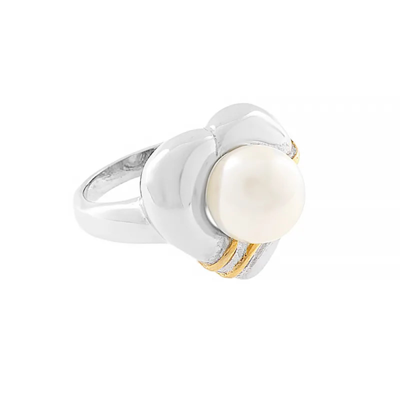 Elegantní dámský nerezový ocelový prsten 5163 (velikost 52) - stříbrnozlaté barvy s perlou