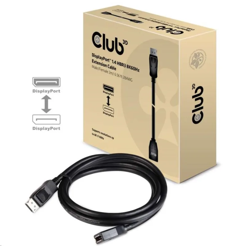 Club3D Kabel prodlužovací DisplayPort 1.4 HBR3 8K60Hz (M/ F), 2m, 28…