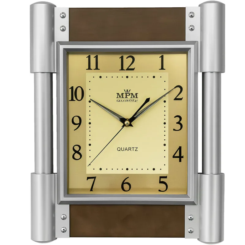 MPM Nástěnné hodiny vyrobené v kombinaci dřevěného a plastového materiálu MPM Rotter - stříbrnohnědé WO135.E