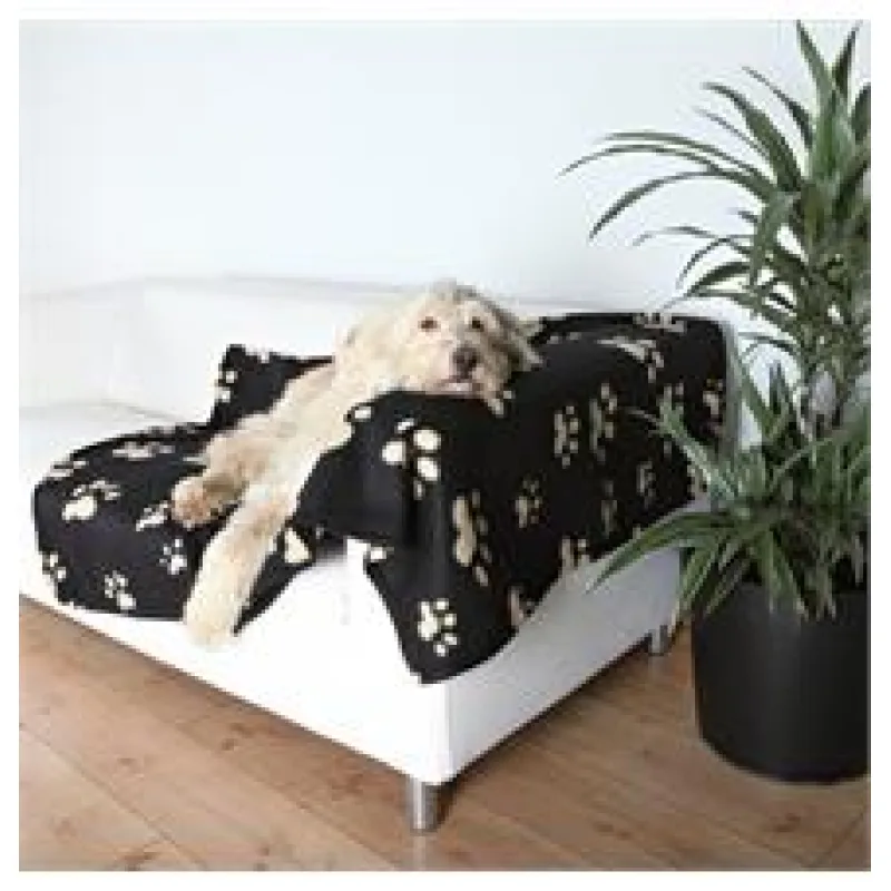 Flaušová deka BARNEY - černá s béžovými tlapkami 150x100cm