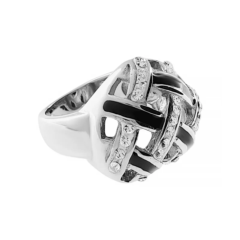 MPM Dámský ocelový nerezový prsten s zirkony 5235 (velikost 55) - stříbrnočerné barvy