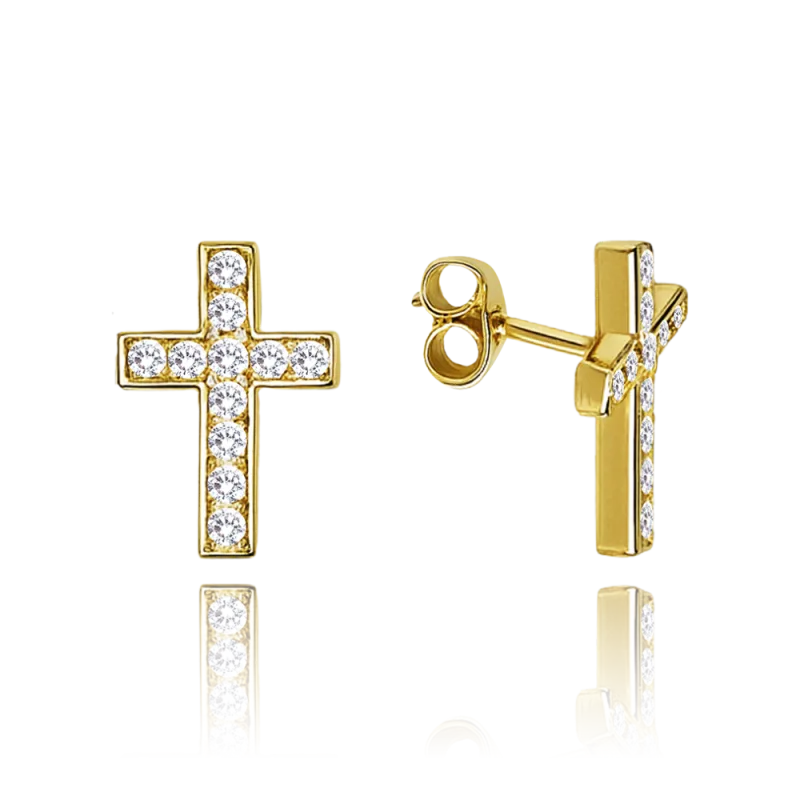 MINET Luxusní zlaté náušnice křížky s bílými zirkony Au 585/1000 1,10g JMG0028WGE02
