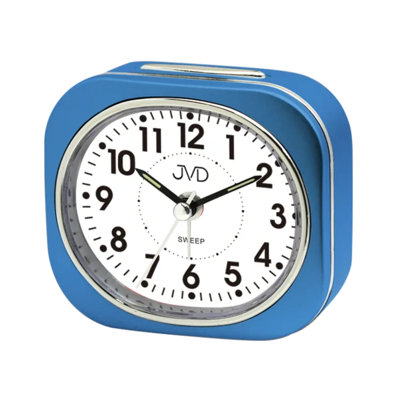 JVD Modrý tichý ručkový budík s osvětlením s plynulým chodem JVD SRP8001.1