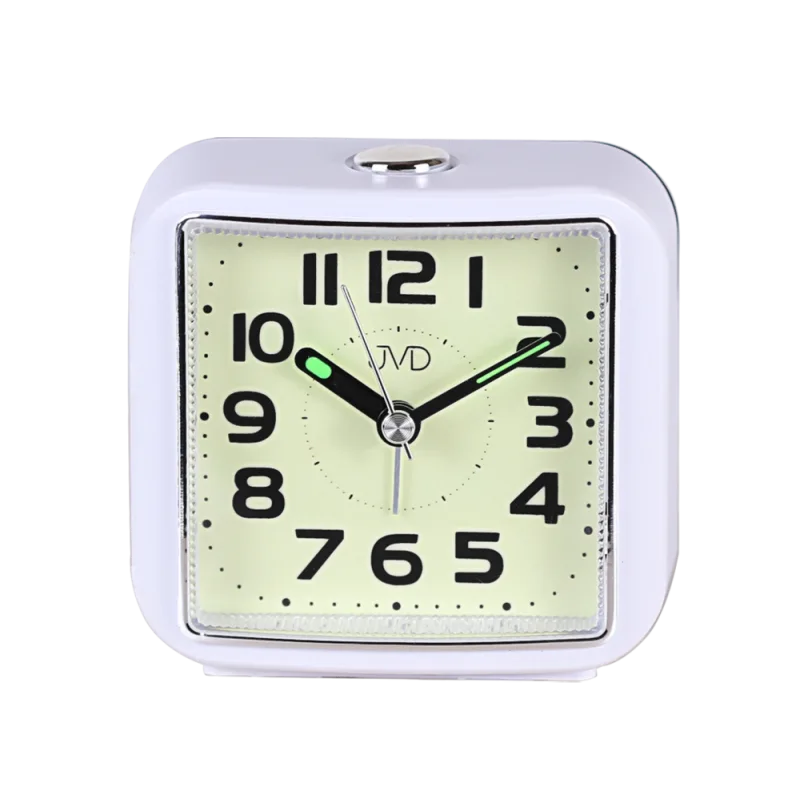 JVD Ručkový bílý analogový netikající tichý budík JVD SRP8204.3 s luminiscenčním displejem