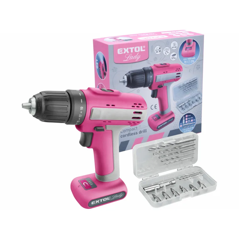 Vŕtačka akumulátorová pre ženy,12V Li-ion, 1x1500mAh, EXTOL LADY