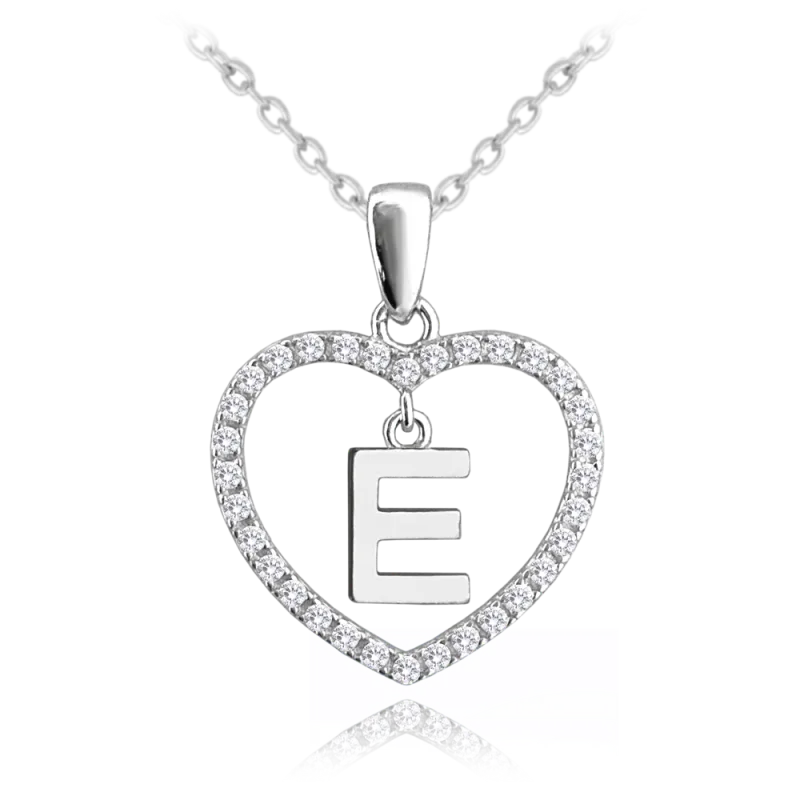 MINET Stříbrný náhrdelník písmeno v srdíčku "E" se zirkony JMAS900ESN45