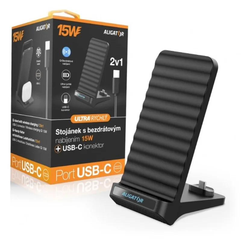 Aligator Stojanček s bezdrôtovým nabíjaním 15W a USB-C konektorom, 2v1,…