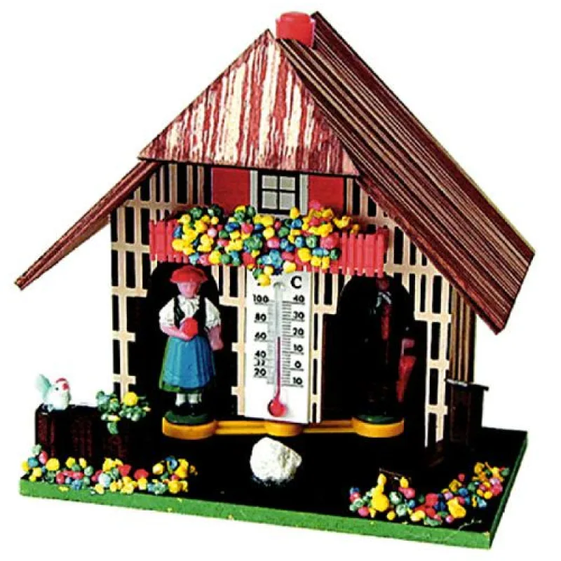 B805 - chaloupky dřevěný barometr ve formě pestrobarevné chaloupky s teploměrem