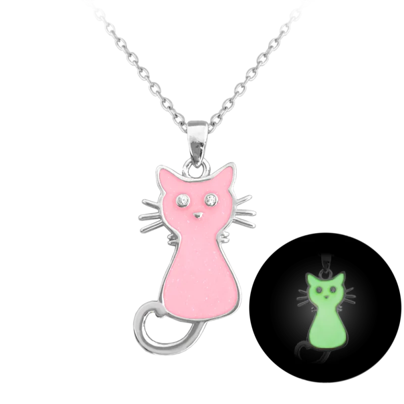 MINET Svítící růžový dětský stříbrný náhrdelník KOČIČKA JMAD0024PN38