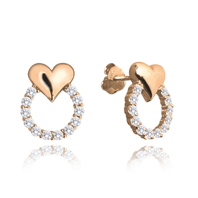 MINET Rose gold stříbrné náušnice se srdíčky LOVE s bílými zirkony JMAN0420RE00