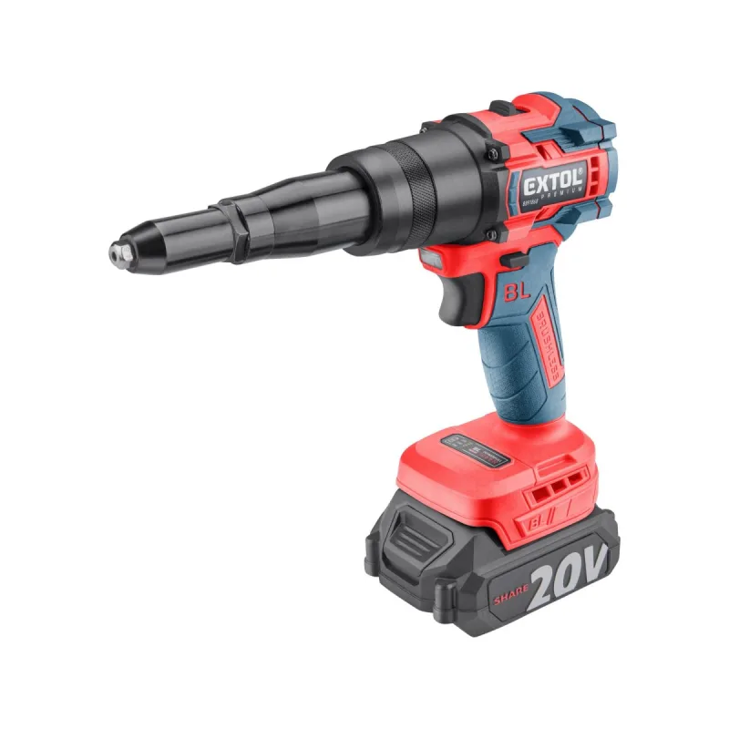 Pištoľ nitovacia aku Share20V, 1x 2Ah, 3,2-4,8mm, 12000N, dĺžka ťahu 16mm, EXTOL PREMIUM
