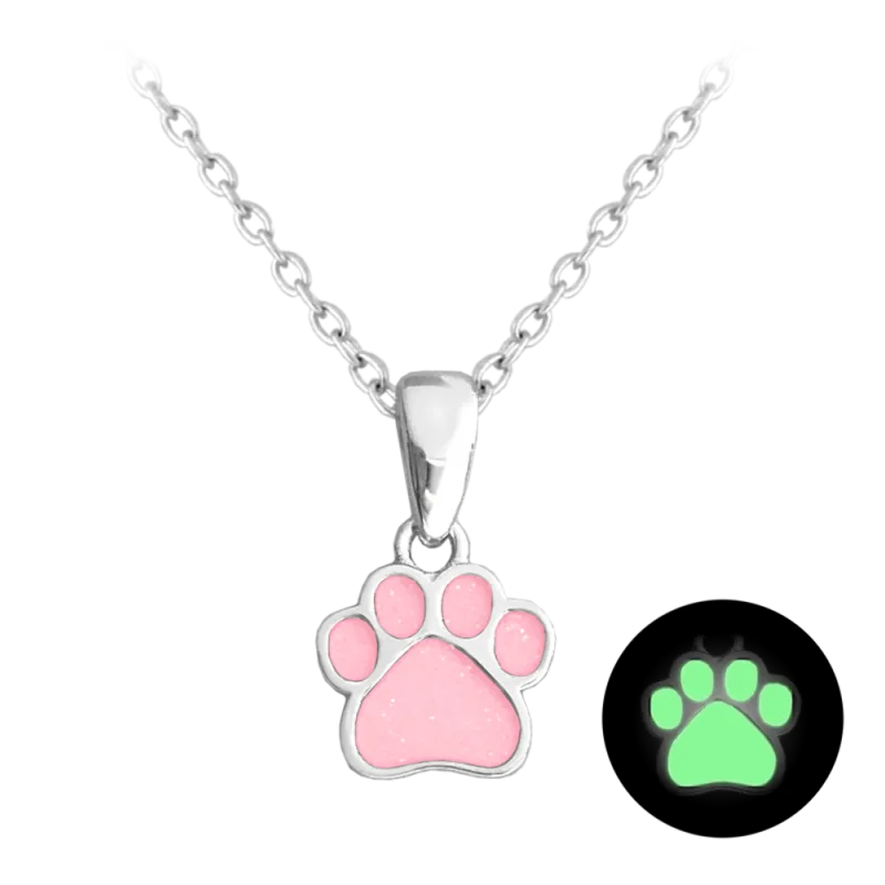 MINET Svítící růžový dětský stříbrný náhrdelník TLAPKA JMAD0025PN38