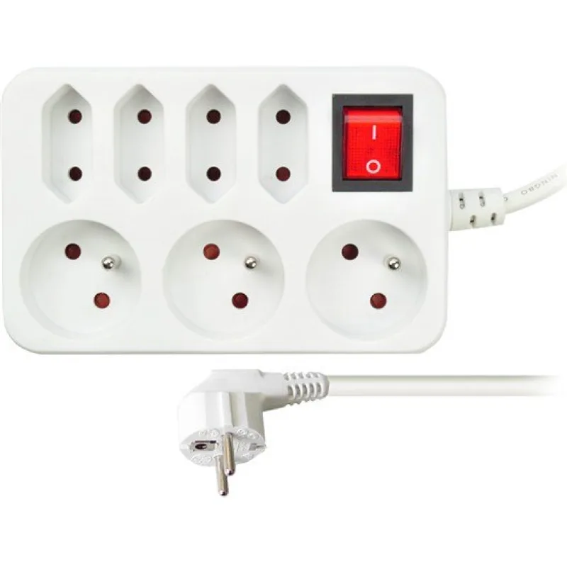 Solight predlžovací prívod, 7 zásuviek, biely, vypínač, 2m PP141