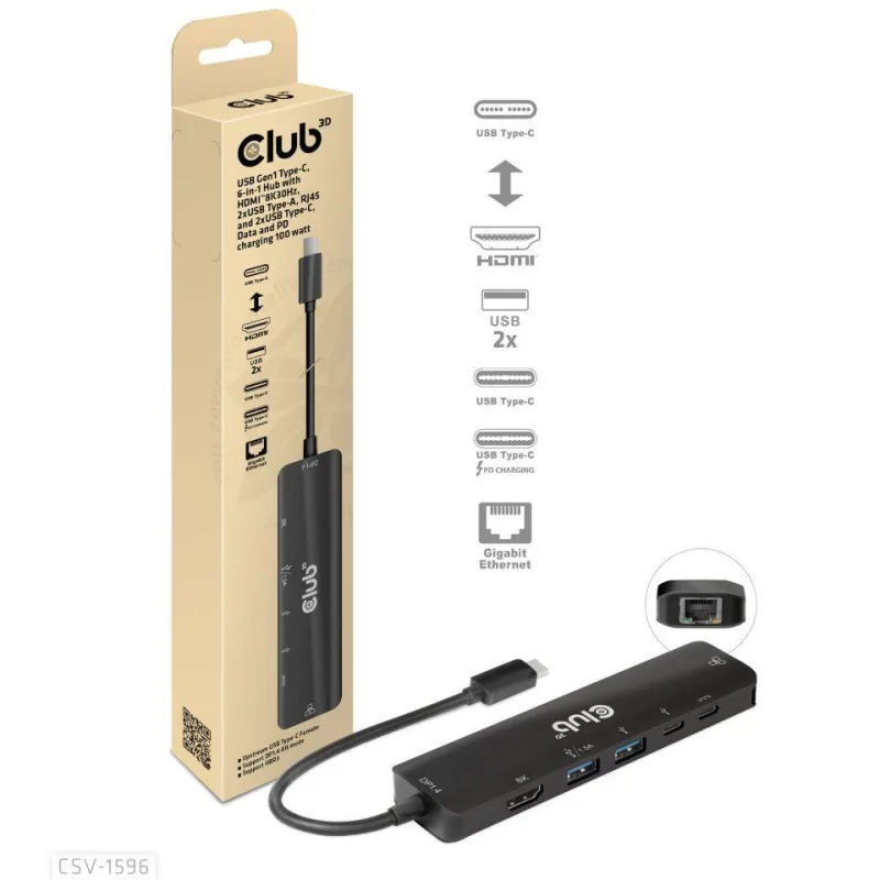 Club3D Hub USB-C, rozbočovač 6 v 1 s HDMI 8K30Hz, 2xUSB typu A, RJ45…