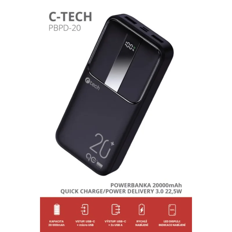 C-TECH Powerbanka 20000mAh, Li-Pol, 22, 5W, USB-C/ USB-A/ micro USB…