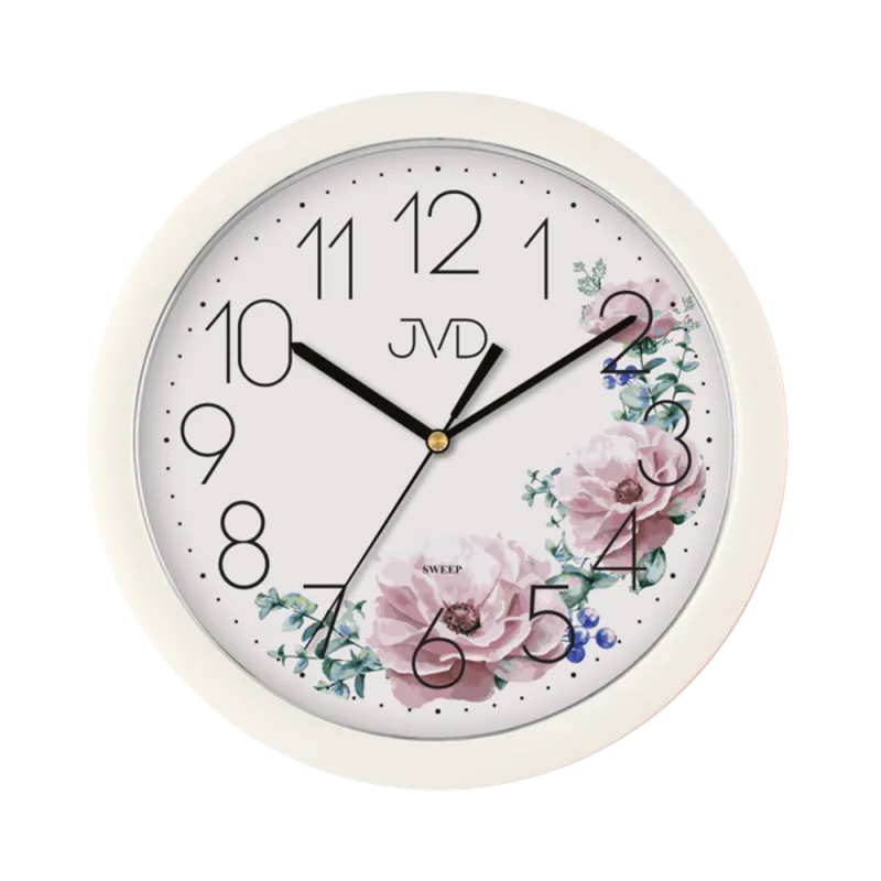 JVD Bílé netikající tiché nástěnné hodiny s motivem květin JVD HP612.D8