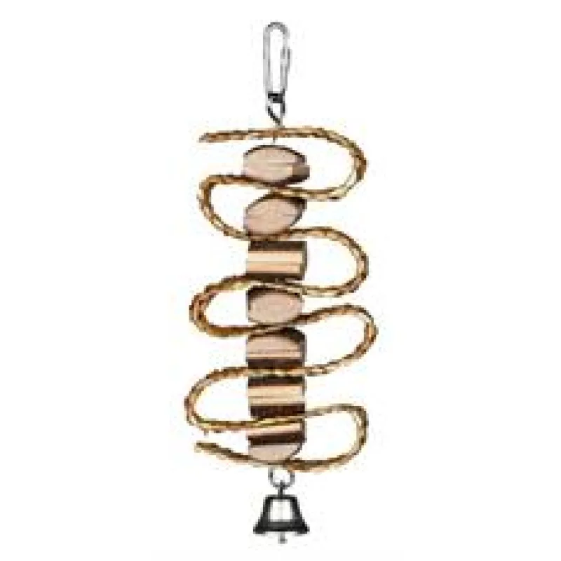 Závěsná hračka z přírodního dřeva a slámy + zvonek 21 cm 1 ks