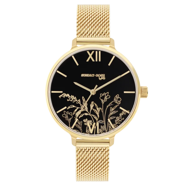 JVD Dámské květinové designové ocelové pozlacené hodinky SUNDAY ROSE Dark Fall SUN-S31