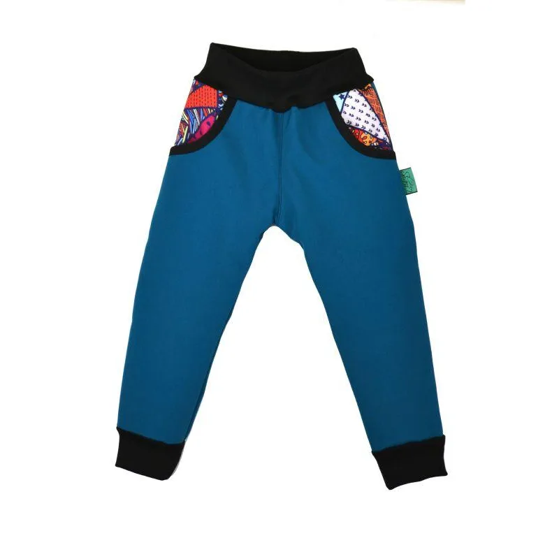 Detské nohavice softshellové petrolej -bláznivé trojuholníky, veľ. 122-134