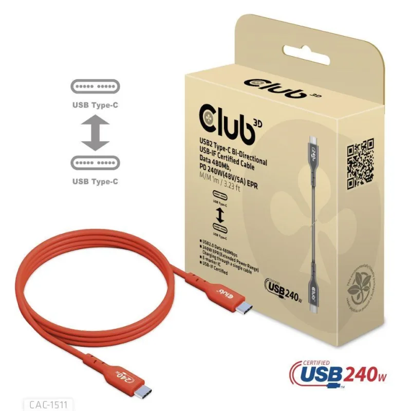 Club3D kabel USB-C, Oboustranný USB-IF Certifikovaný data kabel, PD…