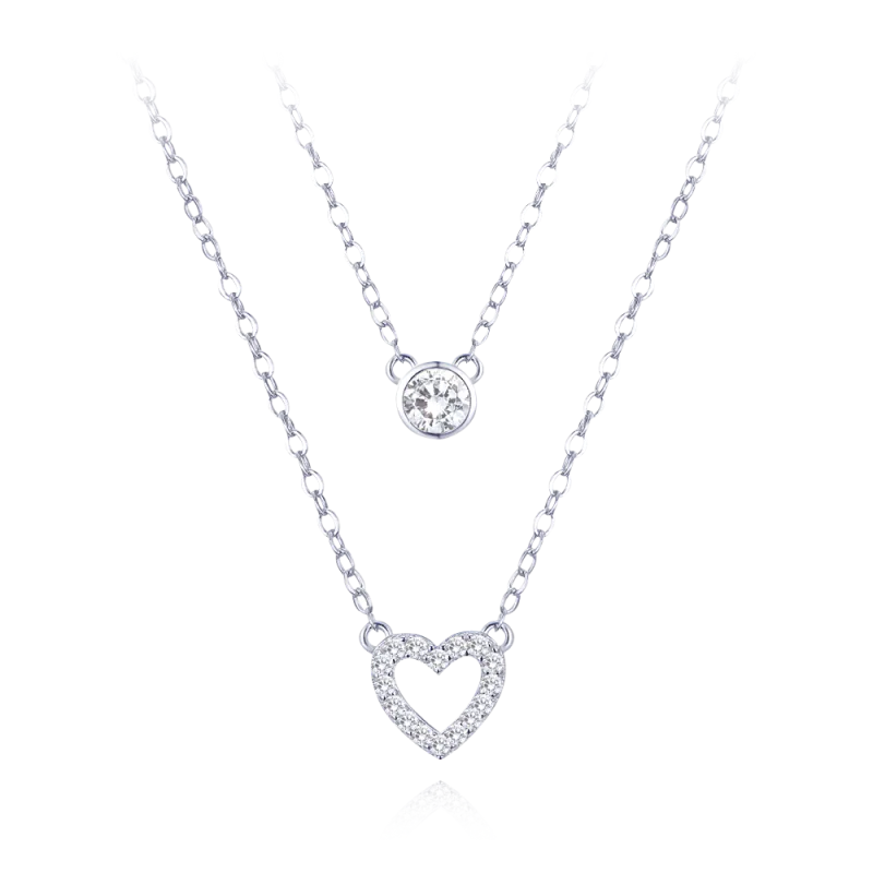 MINET Dvojitý stříbrný náhrdelník se srdcem a bílými zirkony JMAS0269SN45