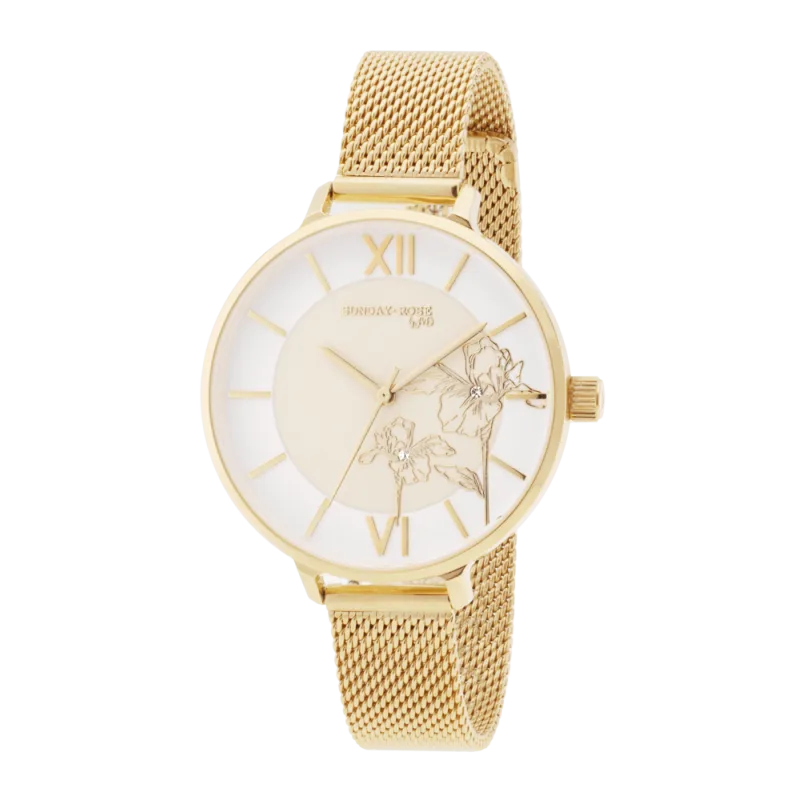 SUNDAY ROSE Dámské zlacené luxusní designové hodinky SUNDAY ROSE Fashion Iris SUN-F11