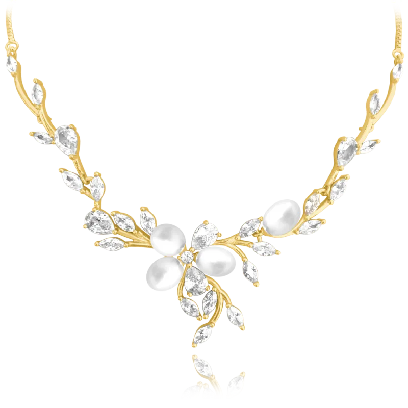 MINET Zdobný pozlacený stříbrný náhrdelník přírodní perly s bílými zirkony - Ag 925/1000 15,90g JMAS7037GN50