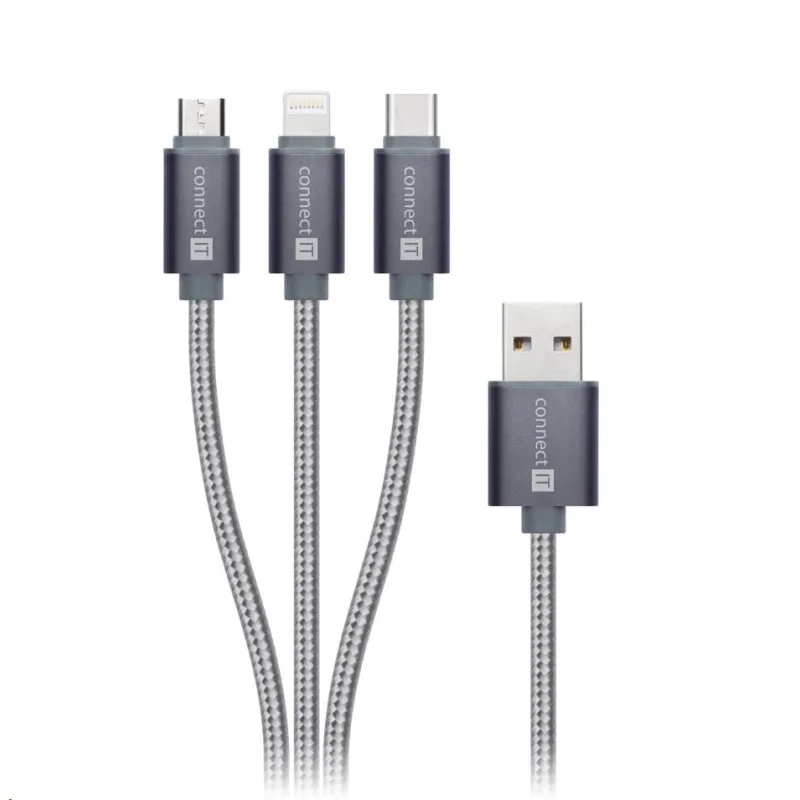 CONNECT IT Wirez 3v1 USB-C & Micro USB & Lightning, strieborná sivá, 1,…