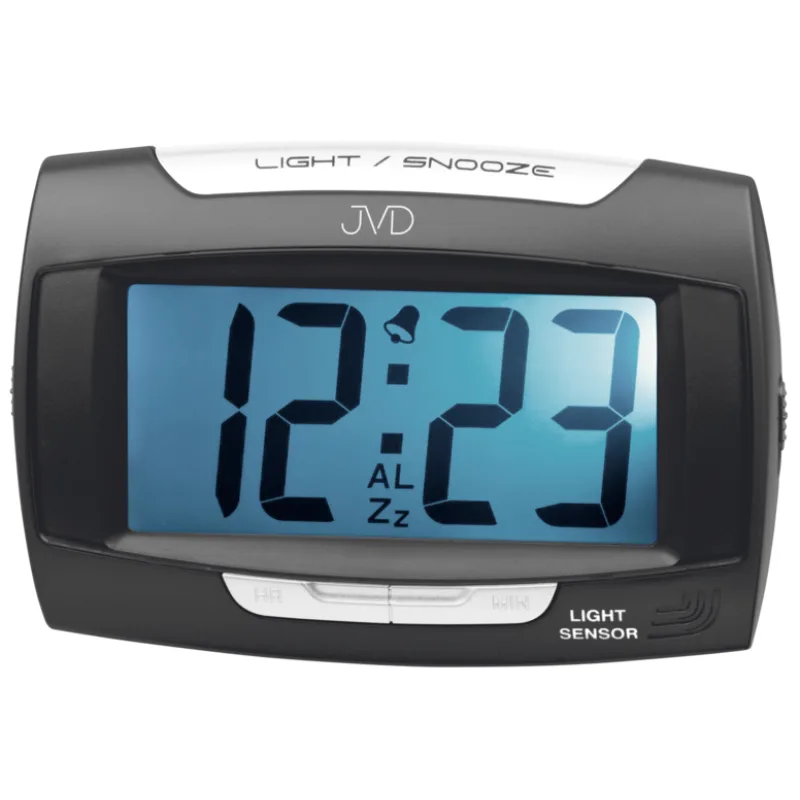 Moderní černý digitální budík JVD SB91.9 (možnost připojit i do el. sítě)