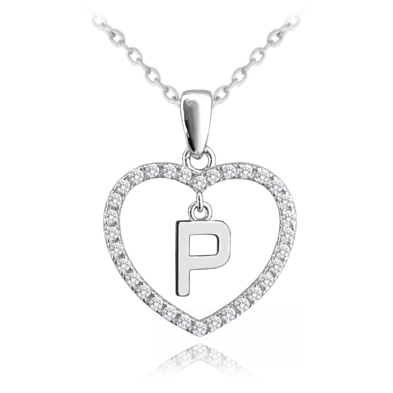 MINET Stříbrný náhrdelník písmeno v srdíčku "P" se zirkony JMAS900PSN45