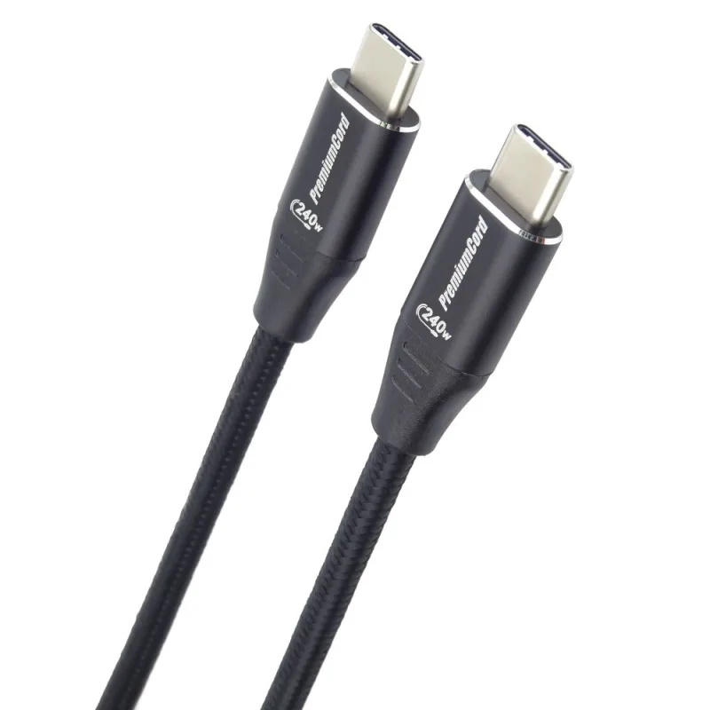 PREMIUMCORD Kabel USB-C M/ M, 240W 480Mbps černý bavlněný oplet, 1, 5m…