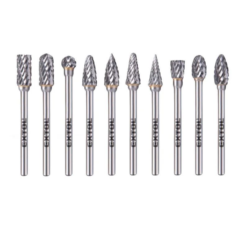 Sada karbidových fréz, 10ks, ø6mm, stopka ø3mm, celková dĺžka 50mm, EXTOL INDUSTRIAL