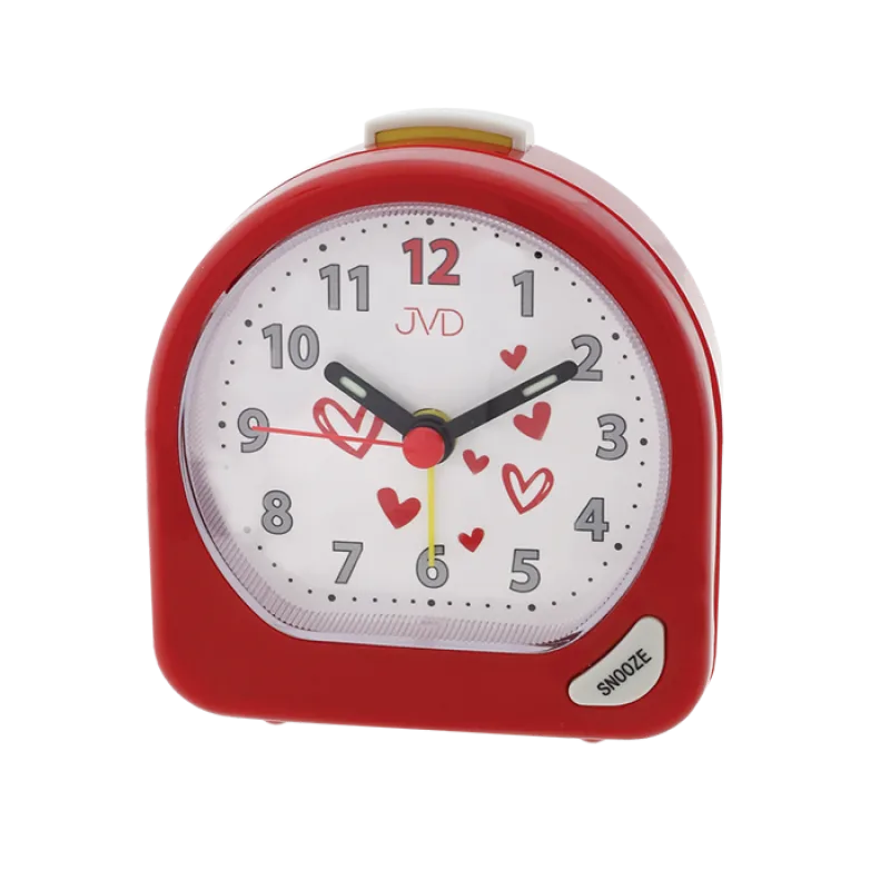 Dětský červený ručkový budík JVD SR672.3 s červenými zamilovanými srdíčky