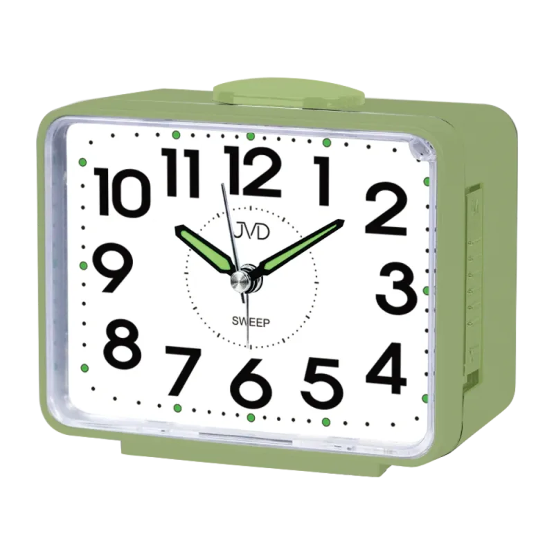 JVD Zelený tichý ručkový budík s LED osvětlením s plynulým chodem JVD SRP1101.2